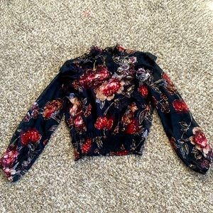 Black & gold floral blouse w side ruffles